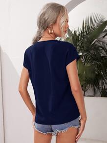 SHEIN VCAY Áo sơ mi Nghề thêu Hoa Boho - Màu xanh hải quân - Xem 2