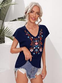 SHEIN VCAY Áo sơ mi Nghề thêu Hoa Boho - Màu xanh hải quân - Xem 5