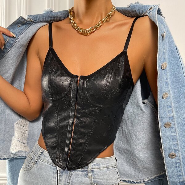 

Jacquard Hook And Eye PU Leather Cami Top, Black