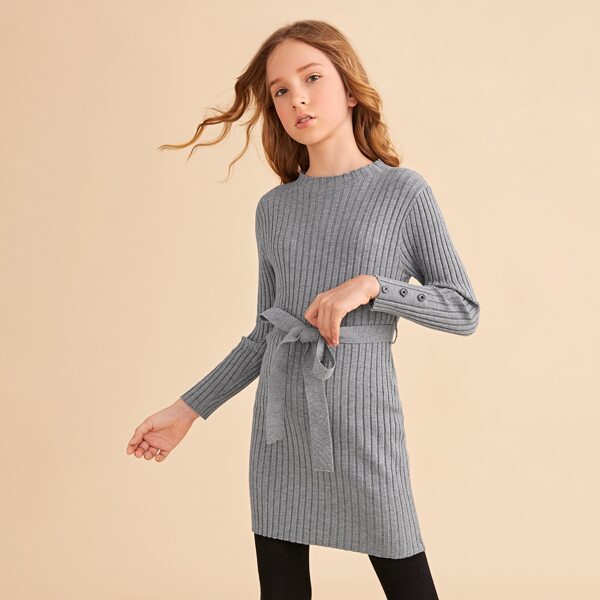 

Girls Mock Neck Belted Sweater Dress, Grey