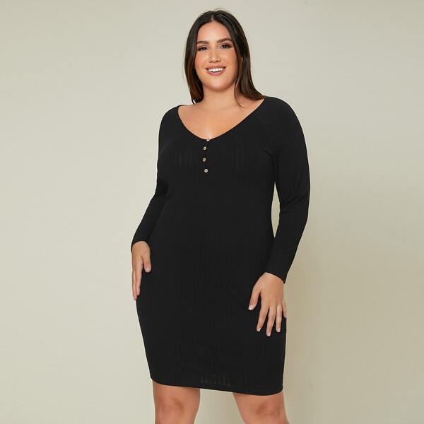 

Plus Button Front Rib-knit Bodycon Dress, Black