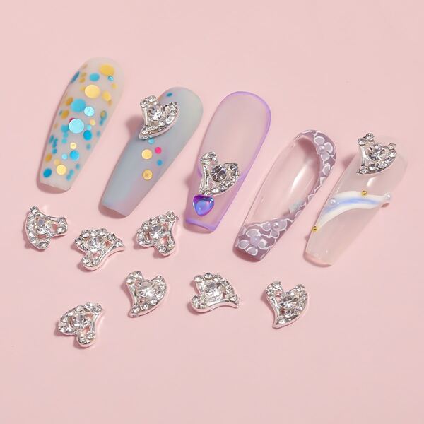 

10pcs Rhinestone Heart Nail Art Decoration, Silver