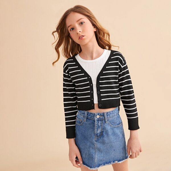 

Girls Stripe Pattern Crop Cardigan, Black and white