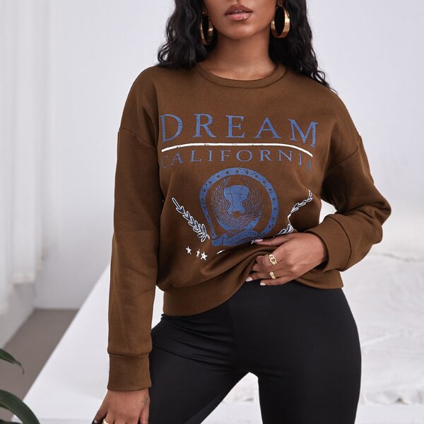 

Letter & Star Print Drop Shoulder Sweatshirt, Chocolate brown