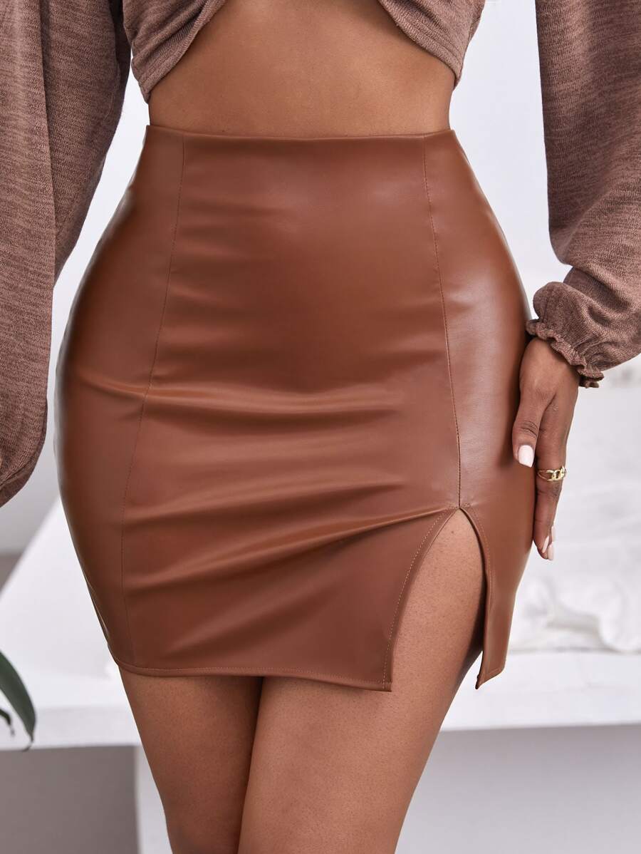 SHEIN SXY 下擺開叉PU皮革包臀半身裙 - 棕色 - 查看 1