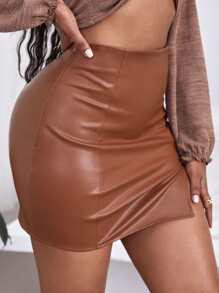 SHEIN SXY 下擺開叉PU皮革包臀半身裙 - 棕色 - 查看 4
