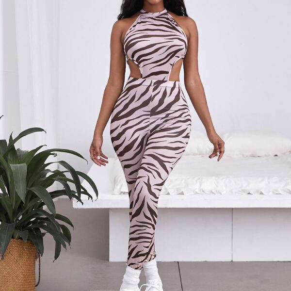 

Zebra Print Cut Out Bodycon Jumpsuit, Multicolor