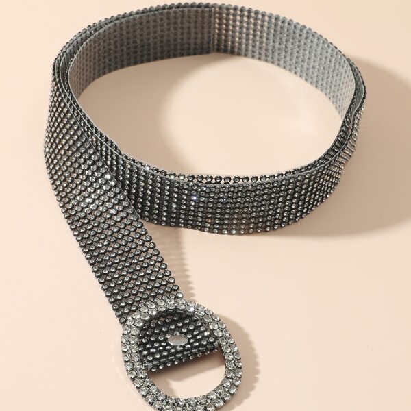 

Rhinestone Decor Oval Buckle Belt, Grey