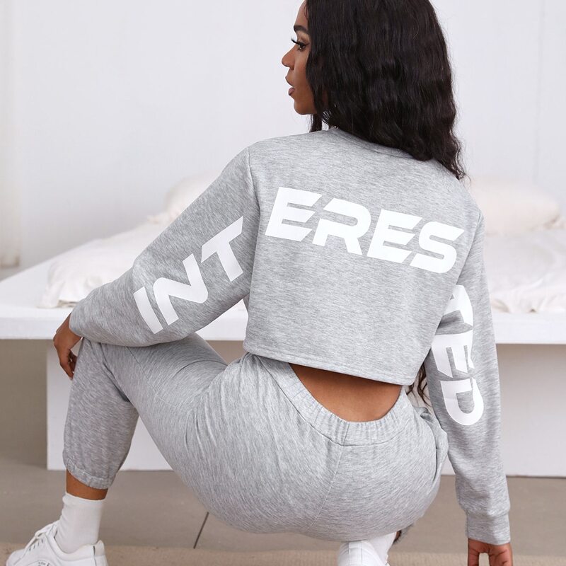 

Letter Graphic Crop Sweatshirt & Sweatpants, Light grey
