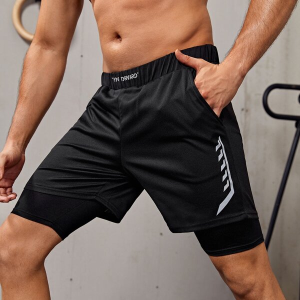 

Men Striped 2 In 1 Sports Shorts, Black