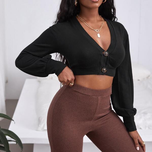 

Lantern Sleeve Button Front Crop Top, Black