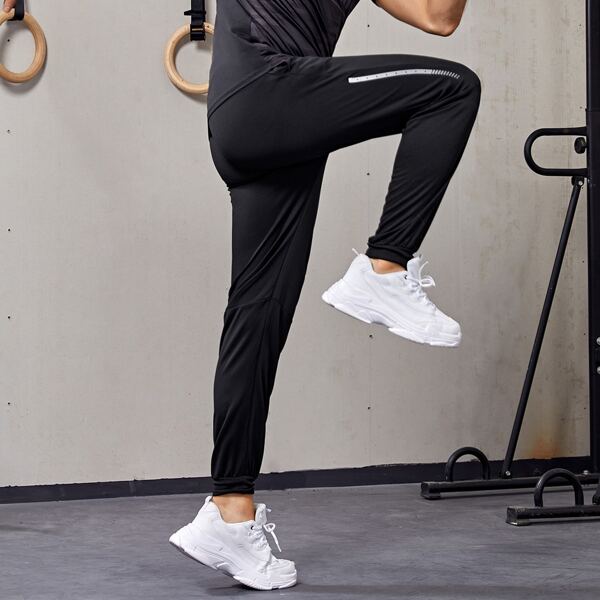 

Men Reflective Graphic Print Drawstring Waist Sport Pants, Black