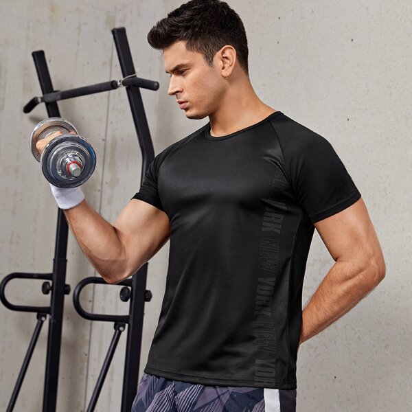 

Men Letter Graphic Raglan Sleeve Sports Tee, Black