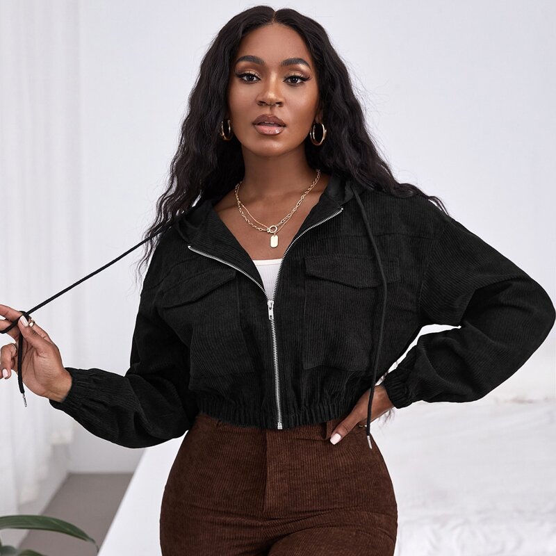 

Flap Pocket Zip Up Drawstring Hooded Corduroy Jacket, Black