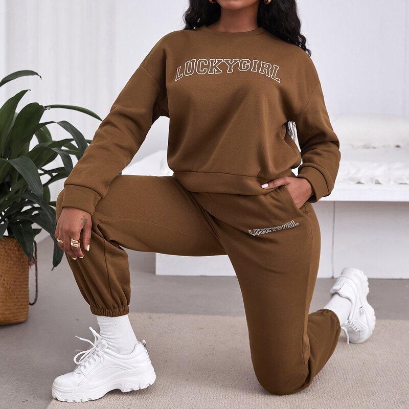 

Letter Graphic Sweatshirt & Sweatpants, Coffee brown