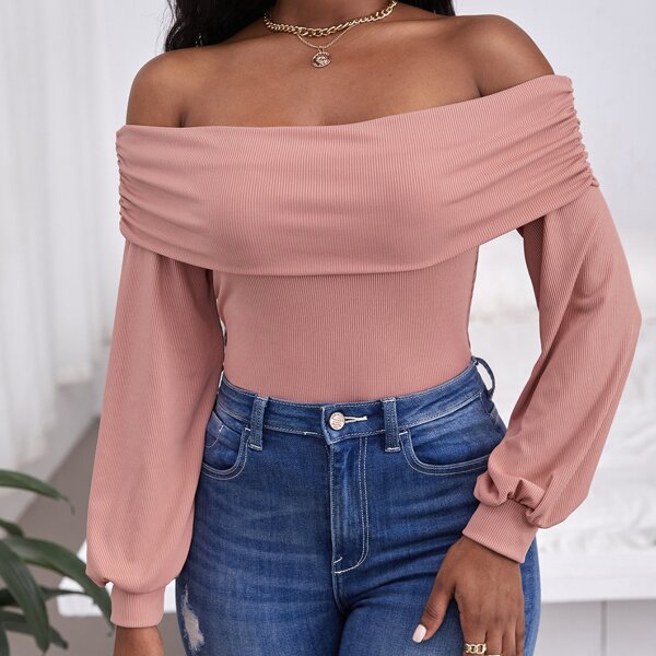 Off Shoulder Ruched Side Ribbed Knit Top, Dusty pink