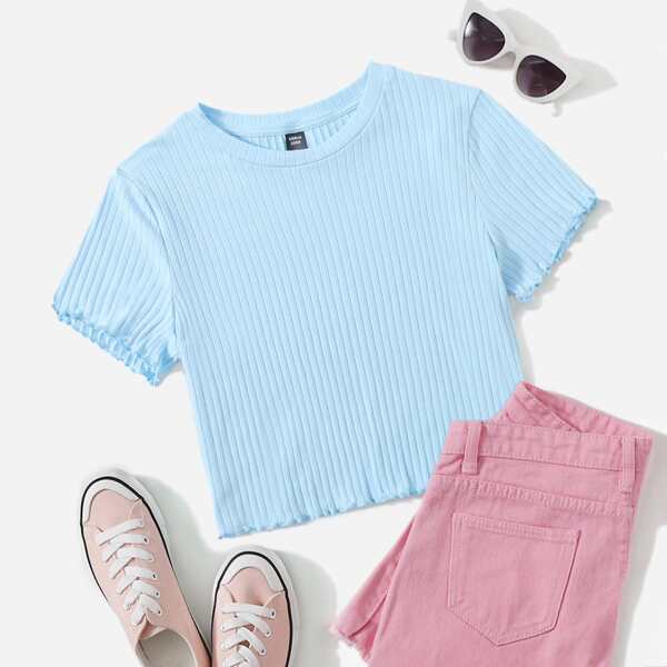 

Plus Lettuce Trim Rib-knit Tee, Baby blue