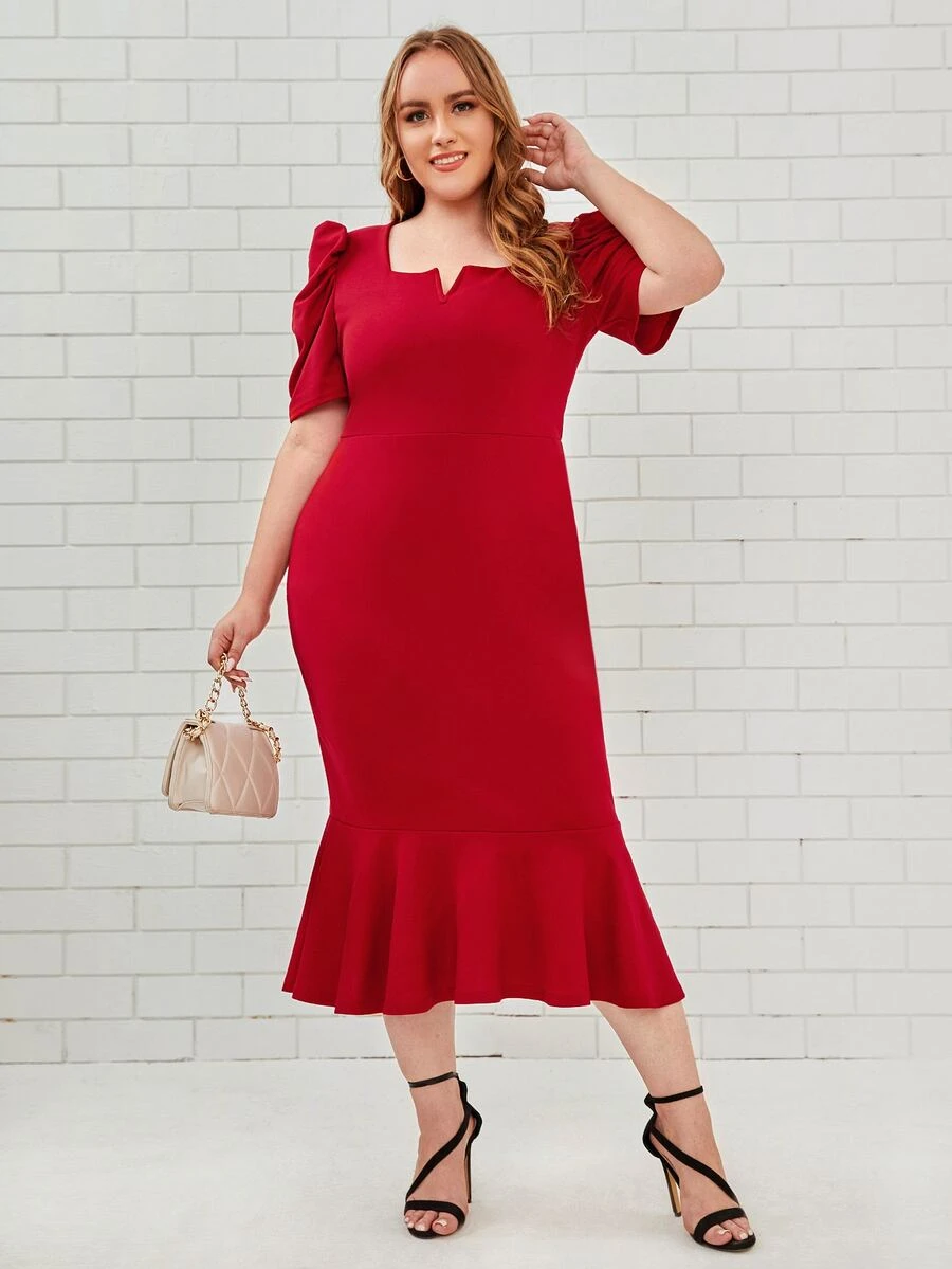 SHEIN Clasi Plus Notch Neck Puff Sleeve Mermaid Hem Dress - Burgundy - View 1