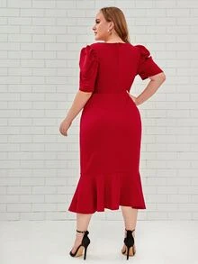 SHEIN Clasi Plus Notch Neck Puff Sleeve Mermaid Hem Dress - Burgundy - View 2