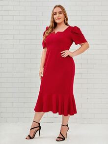 SHEIN Clasi Plus Notch Neck Puff Sleeve Mermaid Hem Dress - Burgundy - View 3