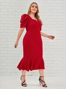 SHEIN Clasi Plus Notch Neck Puff Sleeve Mermaid Hem Dress - Burgundy - View 4