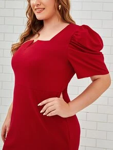 SHEIN Clasi Plus Notch Neck Puff Sleeve Mermaid Hem Dress - Burgundy - View 5