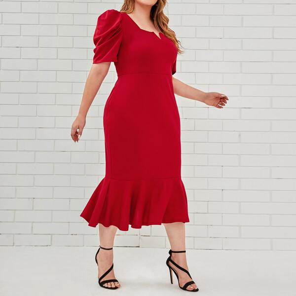 

Plus Notch Neck Puff Sleeve Mermaid Hem Dress, Burgundy