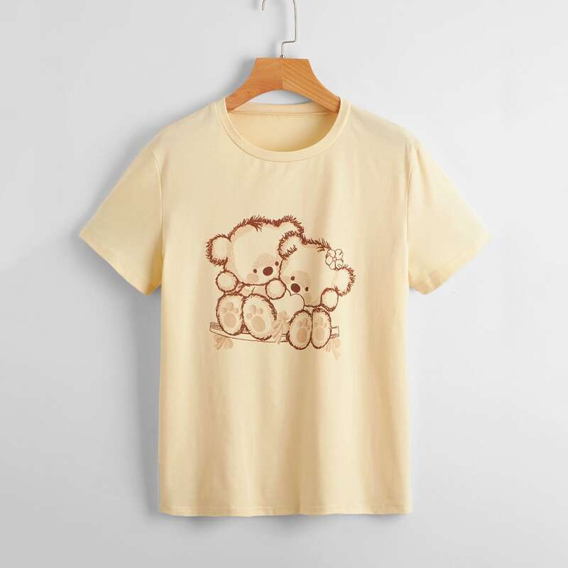 

Bear Print Round Neck Tee, Apricot