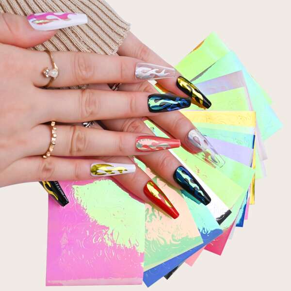 

12sheets Fire Pattern Laser Nail Sticker, Multicolor