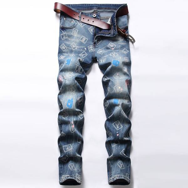 

Men Graphic Print Skinny Jeans Without Belt, Medium wash