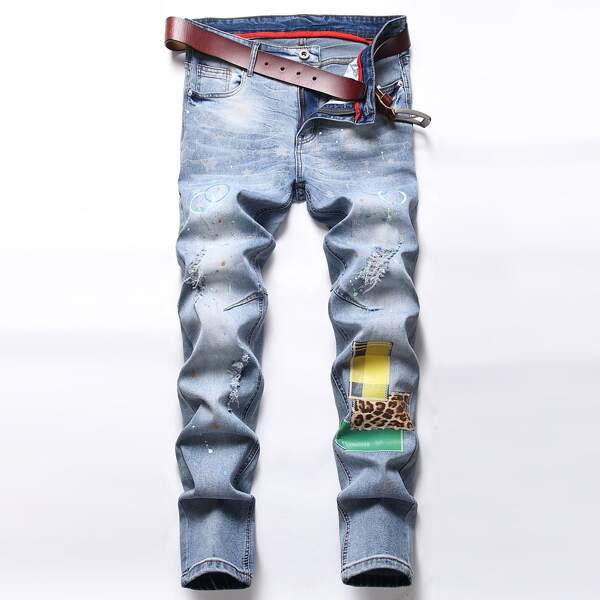 

Men Splash Ink Leopard Patched Ripped Jeans Without Belt, Light wash