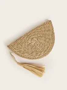Tassel Decor Straw Clutch Bag - Khaki - View 3