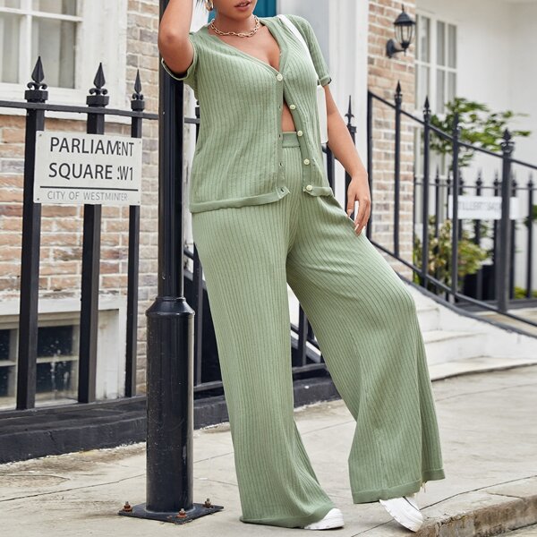 

Plus Ribbed Knit Button Up Cardigan & Pants, Mint green