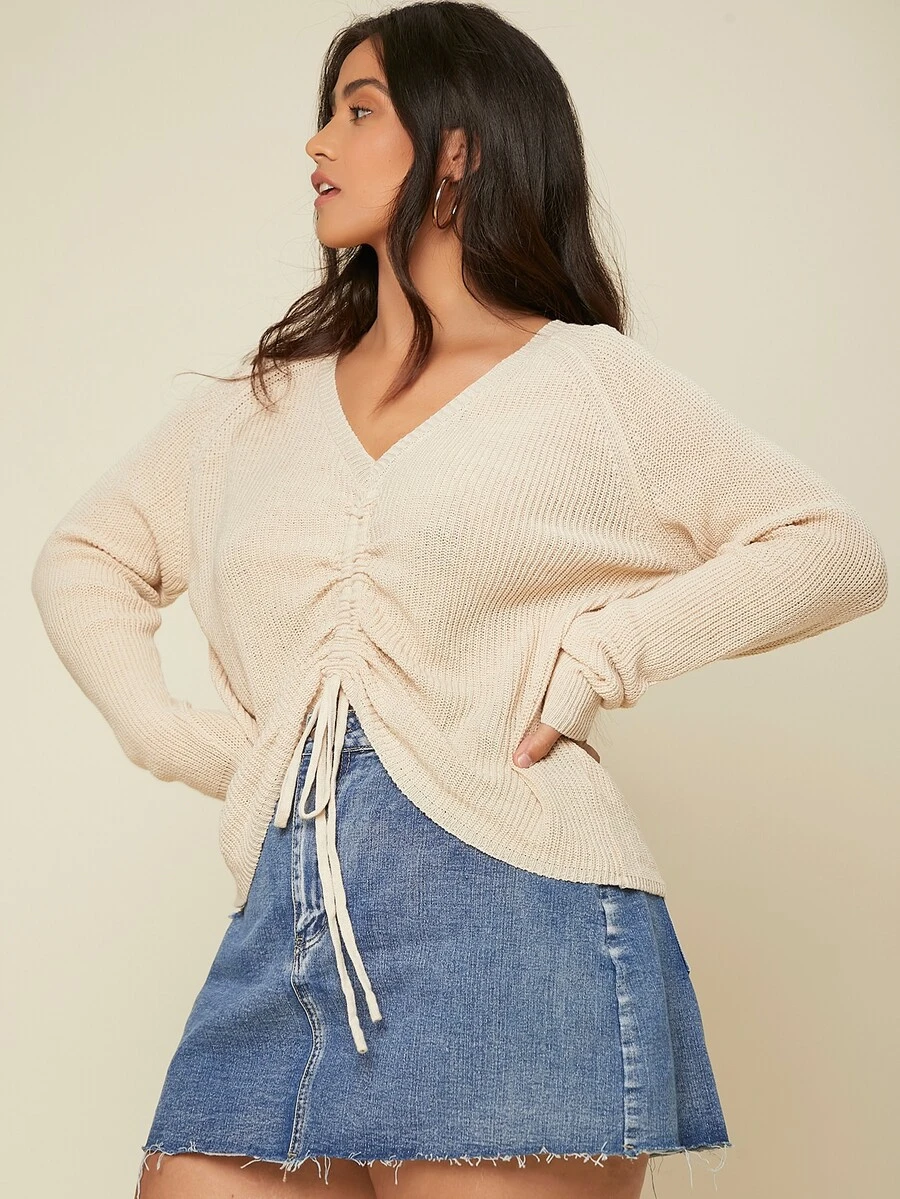 سويترات مقاس كبير الرباط الثنية الصاف كاجوال - لون مشمشي - مشاهدة 1