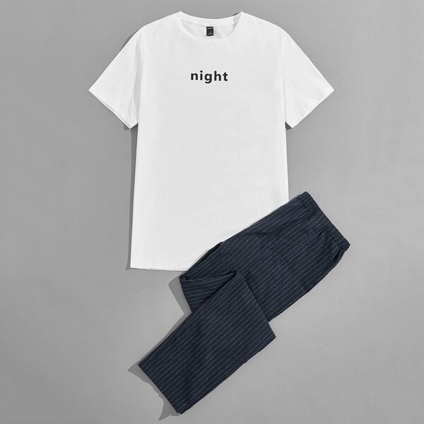 

Men Letter Graphic Tee & Pinstriped Pants Lounge Set, Blue and white