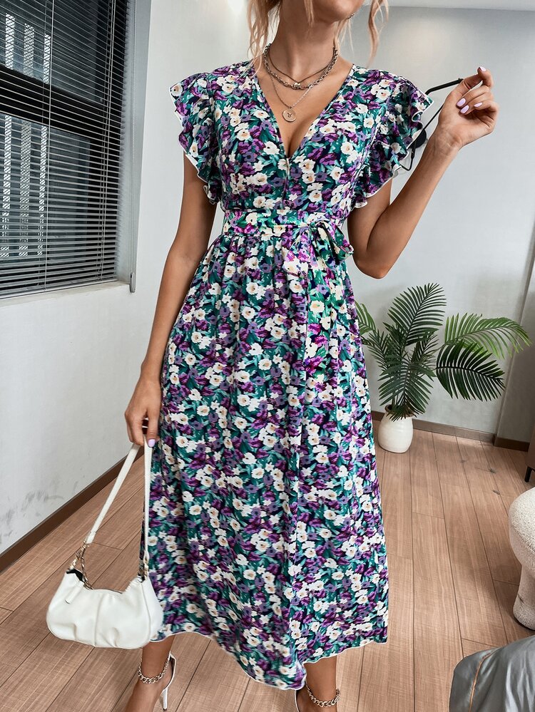 Ruffle Trim Belted Floral Print Dress - Multicolor - View 4