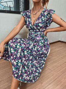 Vestido ribete con fruncido con cinturón con estampado floral - Multicolor - Ver 5