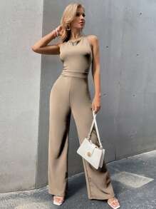 Crisscross Zip Back Jumpsuit - Khaki - View 1