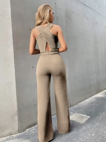 Crisscross Zip Back Jumpsuit - Khaki - View 2
