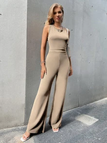 Crisscross Zip Back Jumpsuit - Khaki - View 3