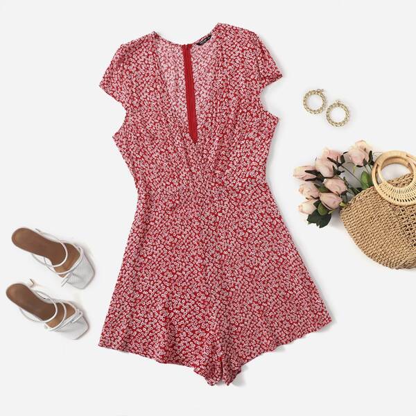 

Plus Ditsy Floral Surplice Neck Romper, Red