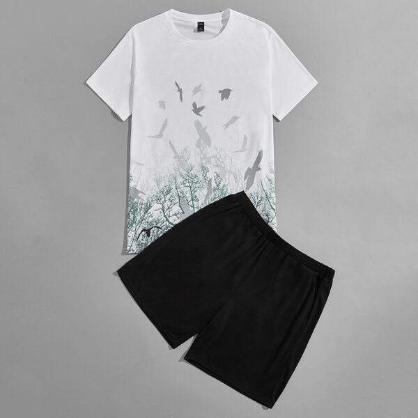 

Men Tree And Eagle Tee & Shorts Lounge Set, Black and white