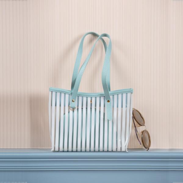 

Striped Pattern Shoulder Bag With Inner Pouch, Blue and white