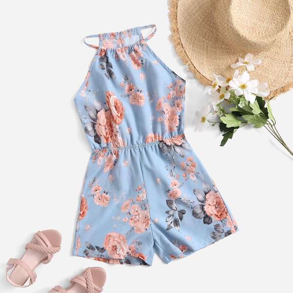 

Girls Floral Print Halter Romper, Multicolor