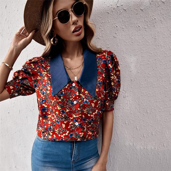 

Allover Floral Print Puff Sleeve Button Up Blouse, Red