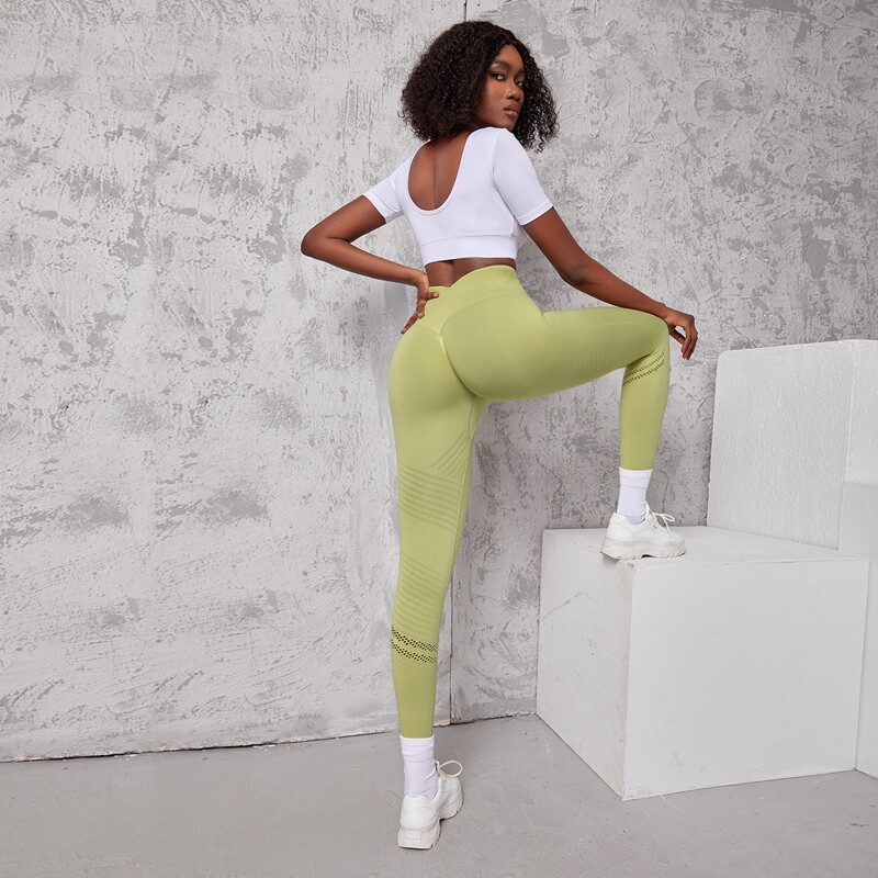 Laser Cut Out Chevron Print Sports Leggings, Lime green