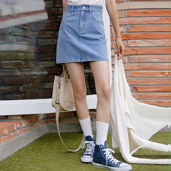 

Button Fly A-line Denim Skirt, Medium wash