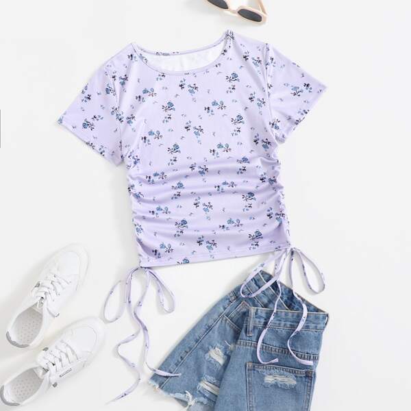 

Ditsy Floral Drawstring Side Tee, Mauve purple