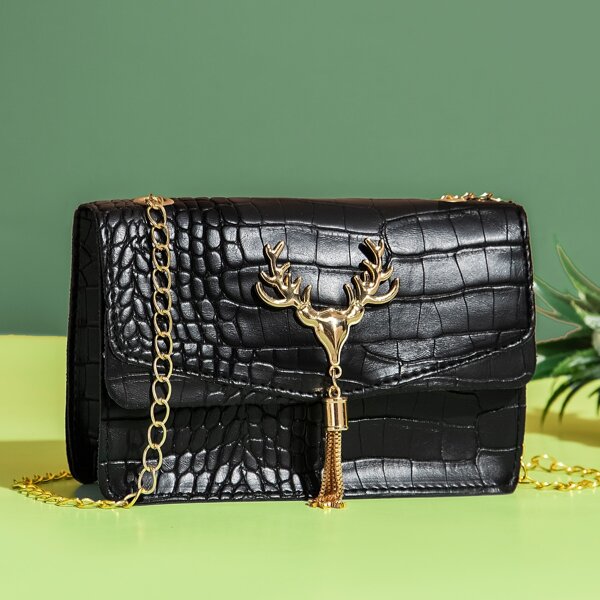 

Croc Embossed Tassel Decor Chain Crossbody Bag, Black