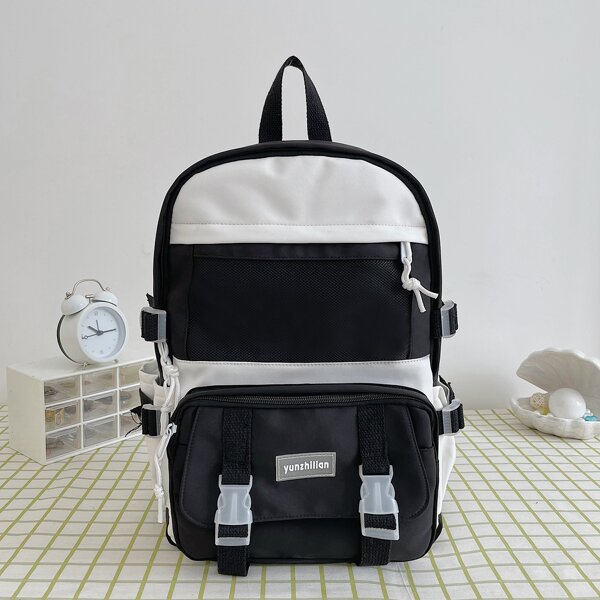 

Two Tone Letter Patch Pocket Front Backpack, Black